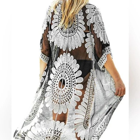 Ember Sheer Mesh Crochet Kimono Duster Boho Whimsigoth - Picture 1 of 11